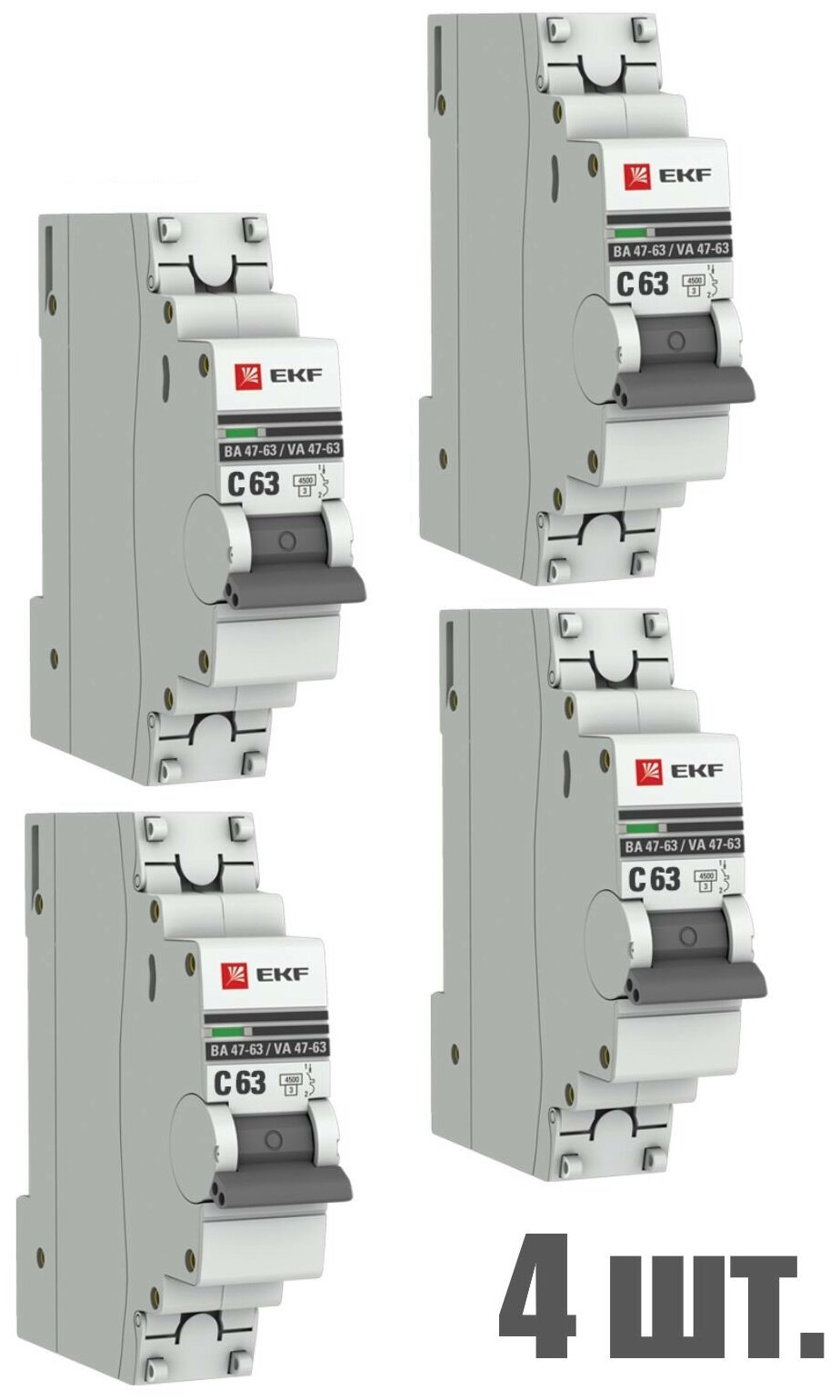 Автоматический выключатель EKF 1P 63А (C) 4,5kA ВА 47-63 EKF PROxima 4 штуки