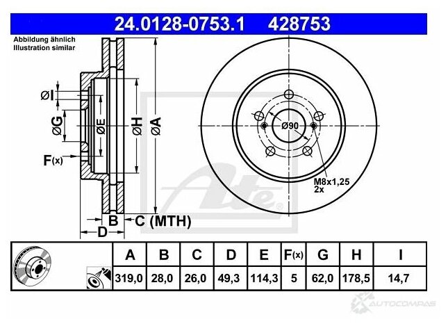 24012807531 ATE 24.0128-0753.1_диск тормозной перед!\Lexus RX 3.3/3.3 AWD/300/350/350 AWD/400h/400h AWD 03-08