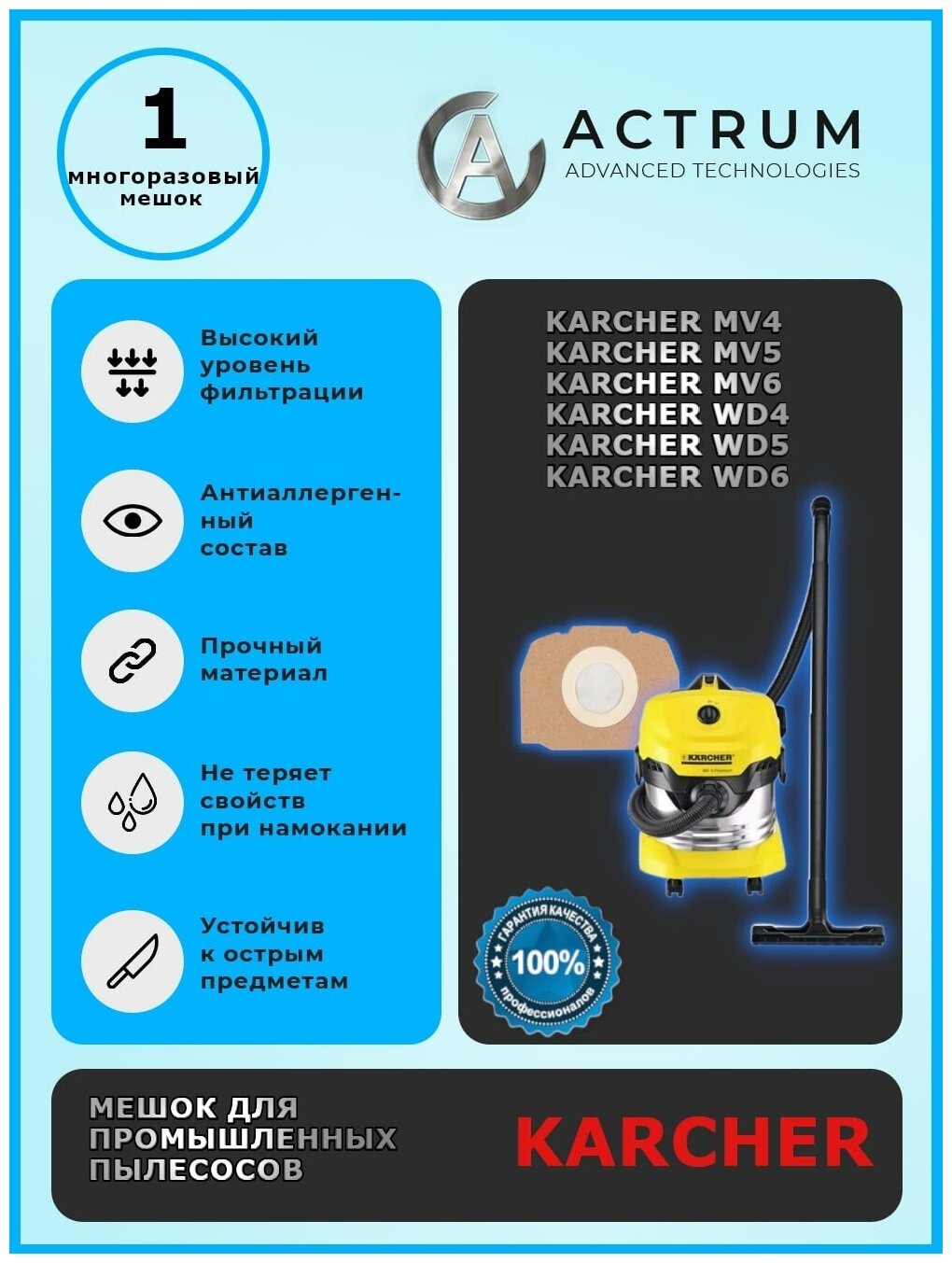 Профессиональный многоразовый мешок-пылесборник Actrum AK024M для пылесоса KARCHER MV 4 MV 5 MV 6 WD 4 WD 5 WD 6 + 1 сменный мешок в подарок!