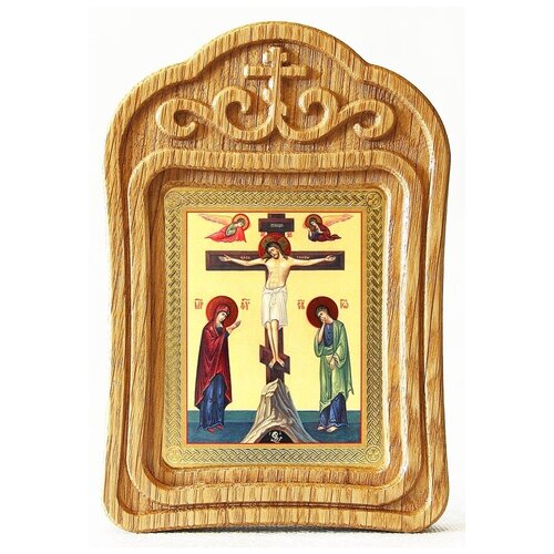 Распятие с предстоящими, икона в резной деревянной рамке