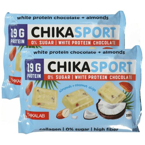 Chikalab белый шоколад Chika sport протеиновый без сахара с миндалем и кокосовыми чипсами 2шт по 100г / Bombbar шоколад Chika sport