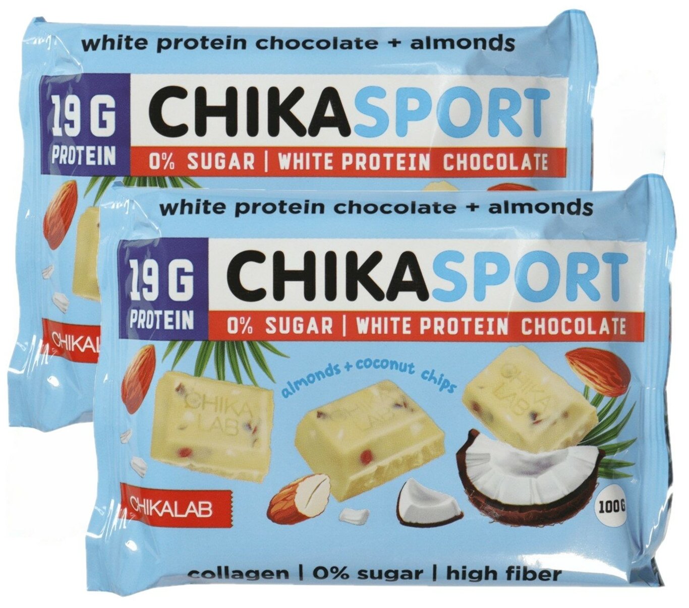 Chikalab белый шоколад Chikasport протеиновый без сахара с миндалем и кокосовыми чипсами 2шт по 100г