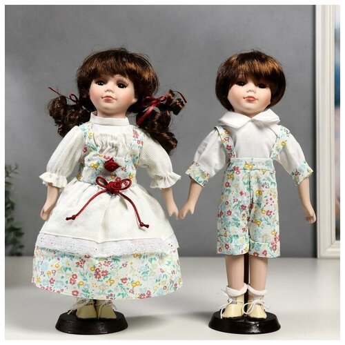 Кукла коллекционная парочка набор 2 шт Стася и Егор в нарядах в цветочек 30 см