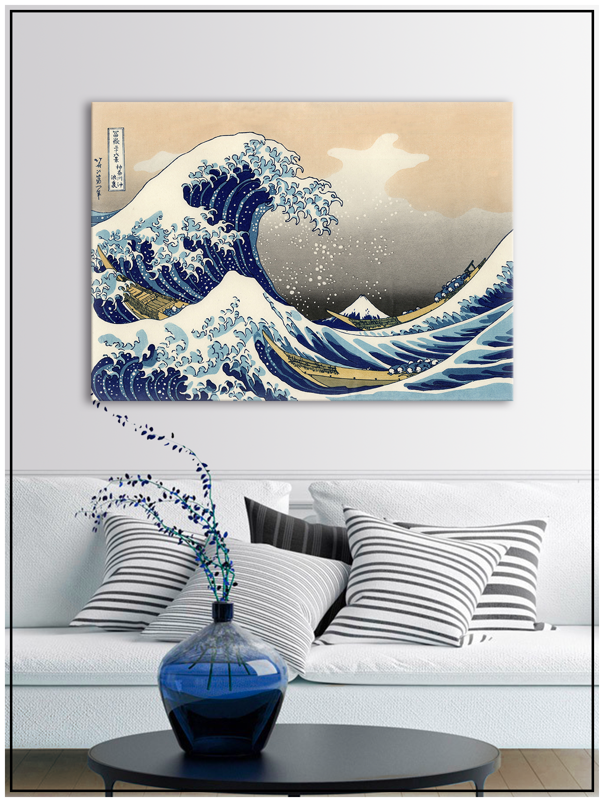Картина для интерьера на натуральном хлопковом холсте "Хокусай Большая волна", 38*55см, холст на подрамнике, картина в подарок для дома