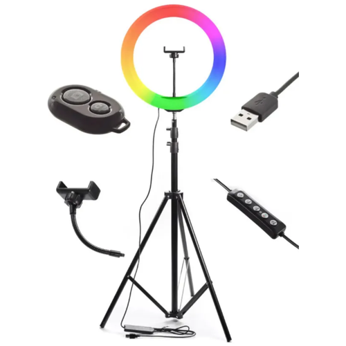 Кольцевая светодиодная лампа / LED-лампа RGB LED 26 см / Цветная кольцевая лампа со штативом, держателем и пультом / Лампа для стилиста, визажиста кольцевая цветная лампа 26 см zkissfashion rgb с настольным штативом держателем для телефона селфи пультом брелком треногой набор для блоггера