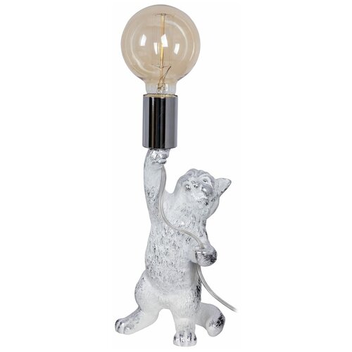фото Настольная лампа/светильник из мрамора bogacho кот люмен 42 см белого цвета с серебряной поталью - лампа в комплекте