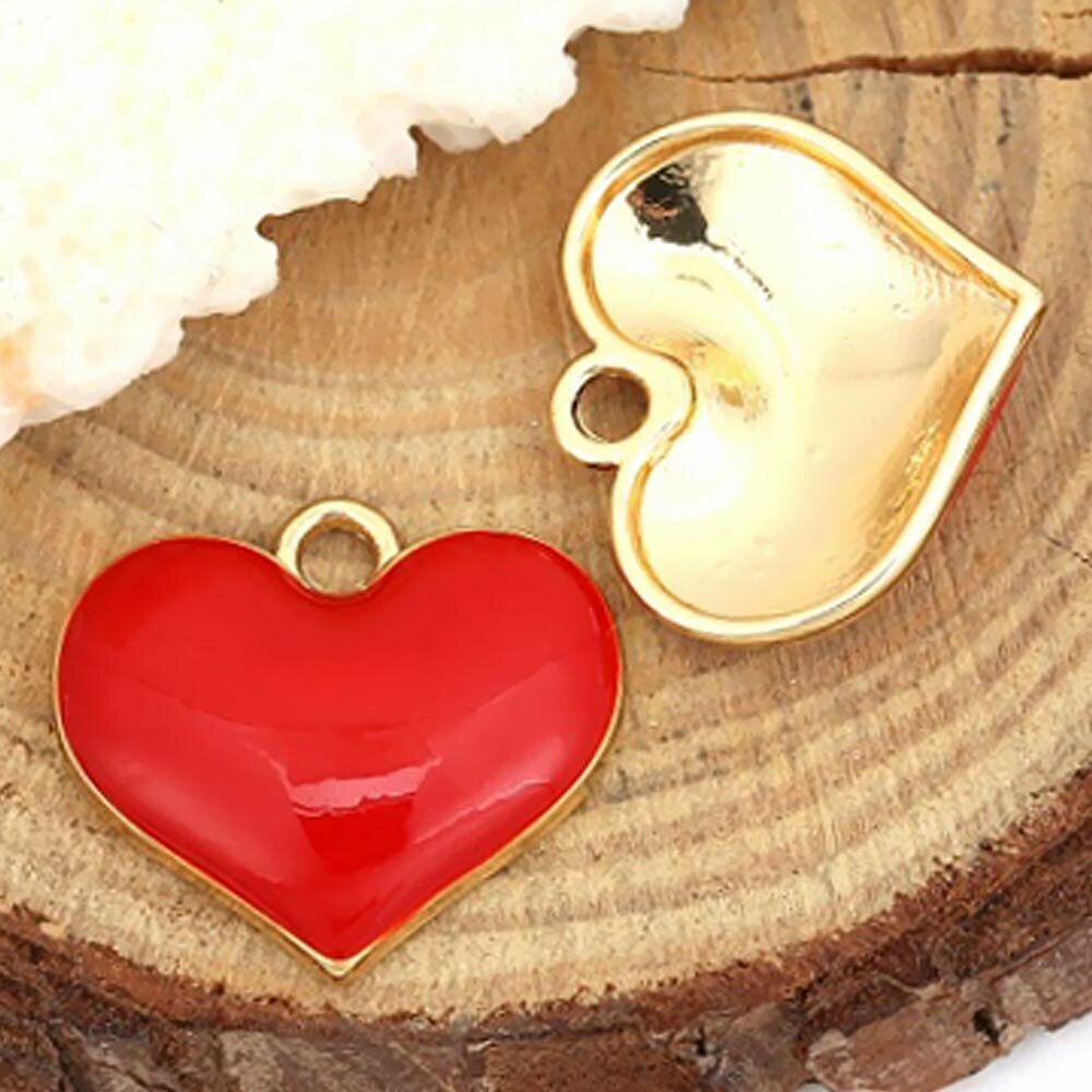 Фурнитура для бижутерии Подвеска металлическая Сердце с красной эмалью 0011145 золотой цвет 20x18х4 мм, цена за 1 шт.