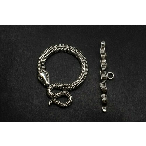 Замок тогл Змея 46х35х3мм/51х10х3мм, отверстие 3мм, цвет античное серебро, сплав металлов, 12-105, 1 комплект