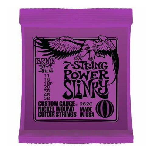 Ernie Ball P02620 Power Slinky Комплект cтрун для 7-струнной электрогитары, никель, 11-58