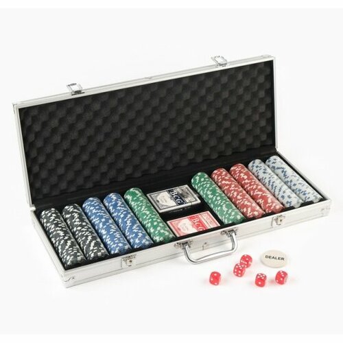 Покер в металлическом кейсе SIMA LAND (карты 2 колоды, фишки 500 шт, 5 кубиков), 20.5 х 56 см, с номиналом