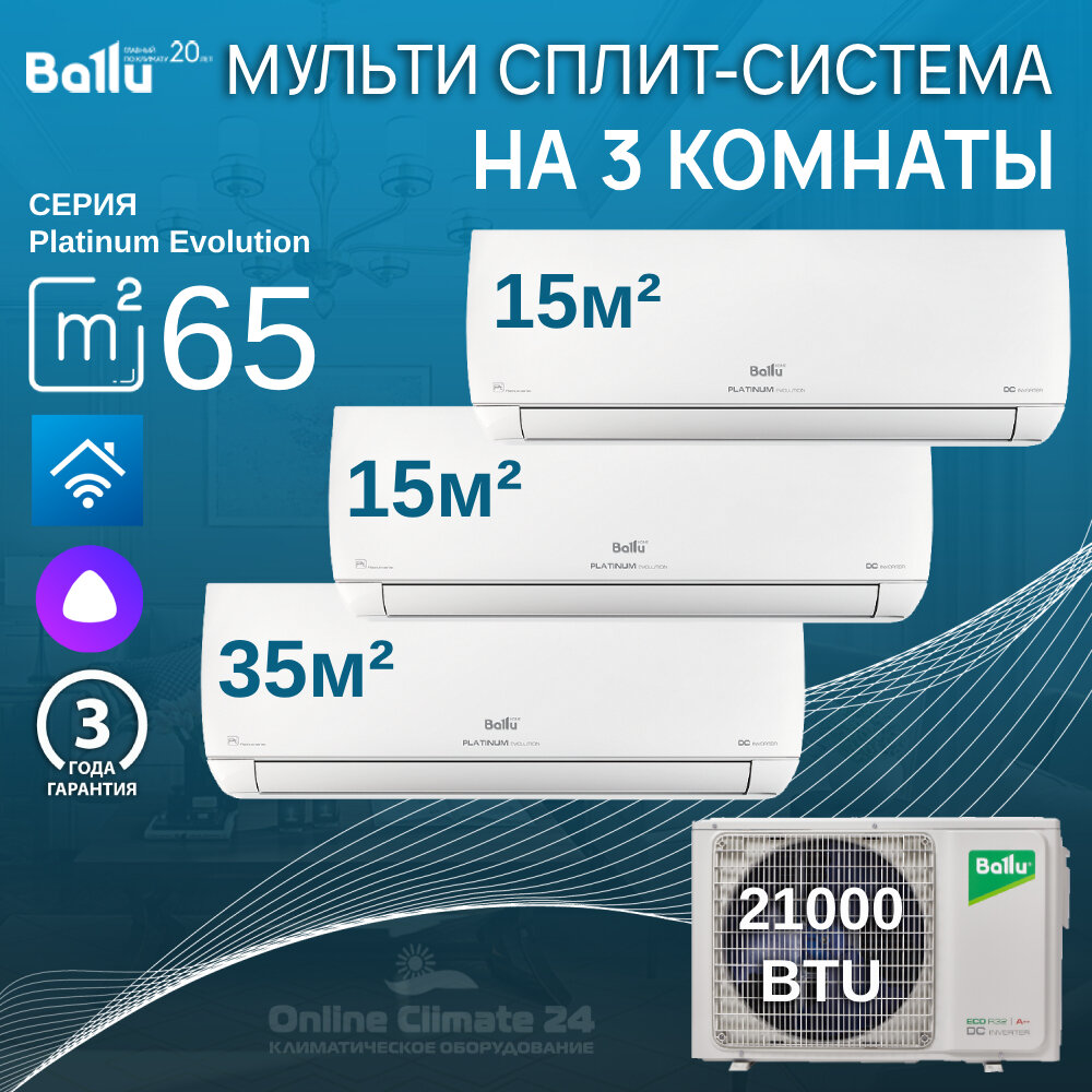 Инверторная мульти сплит-система BALLU на 3 комнаты (15 м2 + 15 м2 + 35 м2) BA3OI-FM/out-21HN8/EU+2*BSUI-FM/in-07HN8/EU+BSUI-FM/in-12HN8/EU, белый