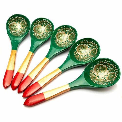 Деревянная ложка салатная с росписью - Золотая Кудрина 21 см Набор 5 шт 1199₽