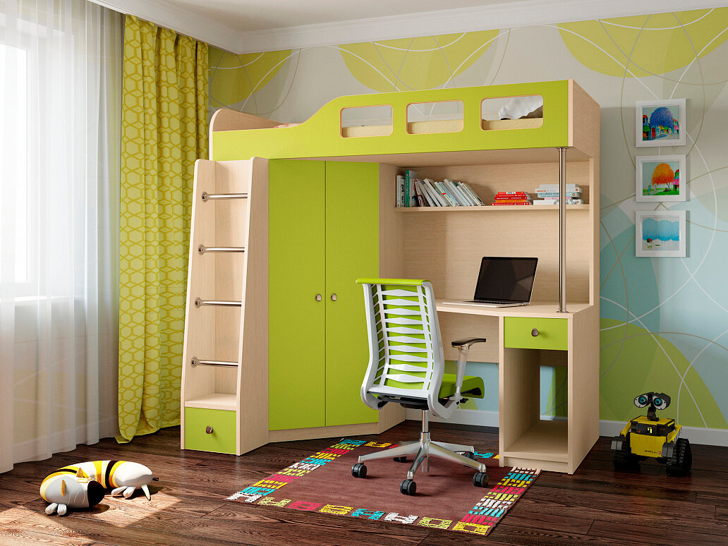 фото Астра-7 кровать чердак Дуб Молочный Лайм