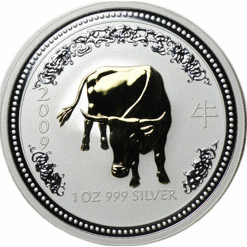 Монета 1 доллар 2007 Год быка, позолота Лунар 2009 Австралия