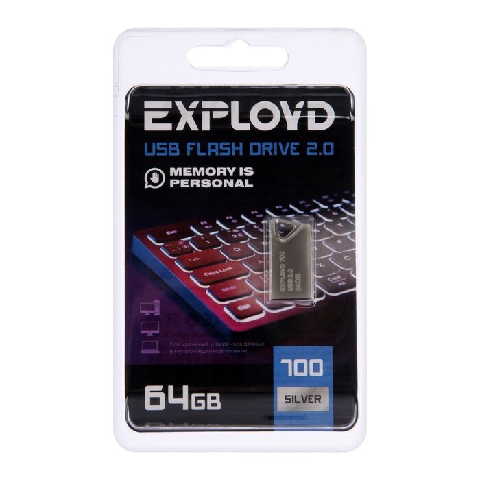 Exployd Флешка Exployd, mini,64 Гб, USB 2.0, чт до 15 Мб/с, зап до 8 Мб/с, металическая, серебряная