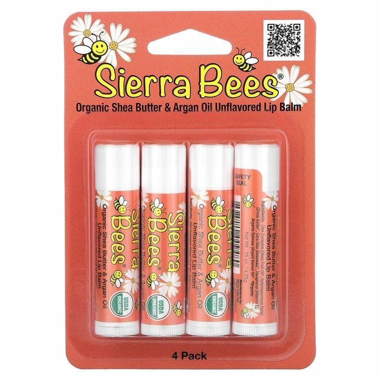 Sierra Bees, набор органических бальзамов для губ, аргановое масло + масло ши, 4 штуки