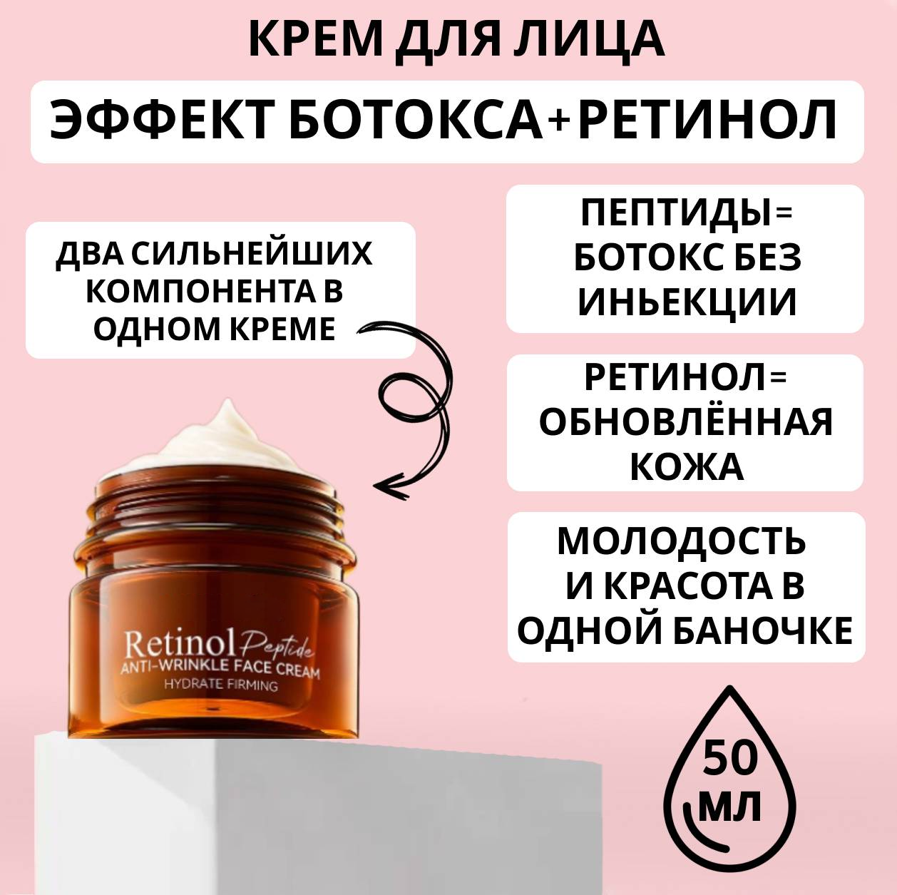 Крем для лица с ретинолом и пептидами (аналог ботокса). Омоложение и красивая кожа