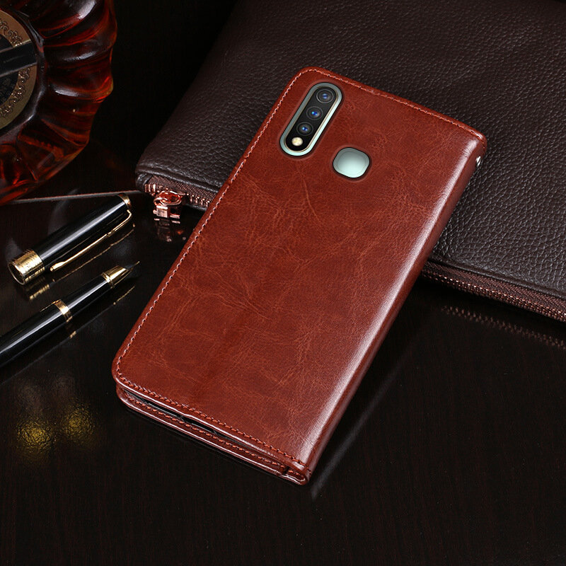 Чехол-книжка MyPads для Vivo Y19 из качественной импортной кожи с подставкой застёжкой и визитницей коричневый — фото 1