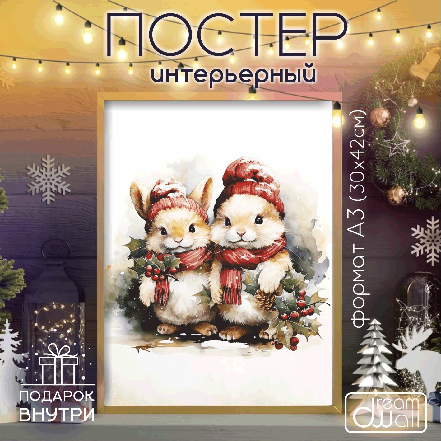 Постер интерьерный с Новым годом! зайцы акварель А3