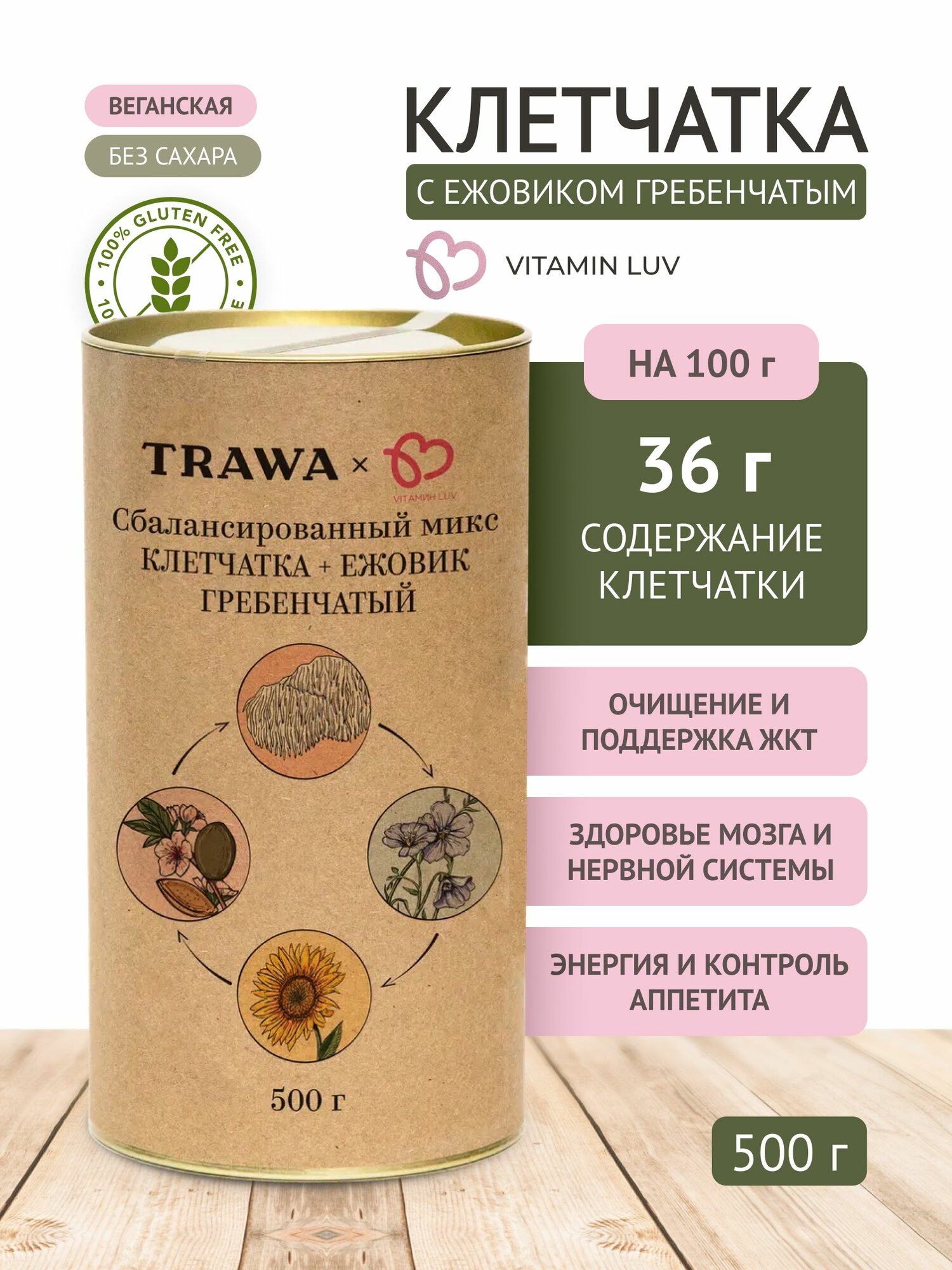 TRAWA Микс семян и орехов сбалансированный Клетчатка ежовик гребенчатый 500 гр / Детокс / Можно в пост фото