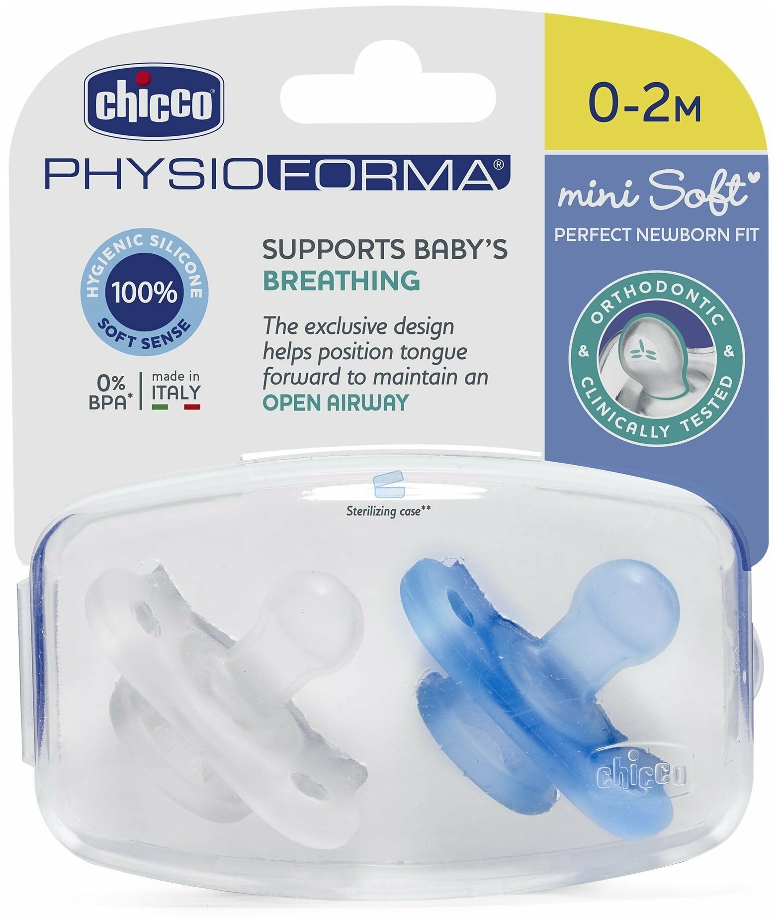 Пустышка Chicco Physio Soft Mini силиконовая анатомическая ,2 шт,0-2 мес, голубая/соска пустышка 0/для новорожденных/держатель для соски/силиконовая соска для мальчика/2 штуки соски / футляр для сосок чико