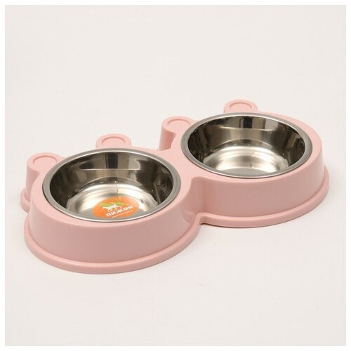 Миска металлическая двойная на пластиковой основе, 27,8 х 15,5 х 4 см, розовая миска для кошек и собак двойная на подставке 38 см х 25 5 см х 7 см цвет розовый