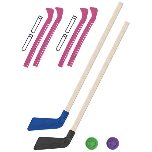 фото Клюшка и чехлы 2 клюшки хоккейных зелёная и чёрная 80 см.+2 шайбы + чехлы для коньков розовые - 2 шт. задира плюс