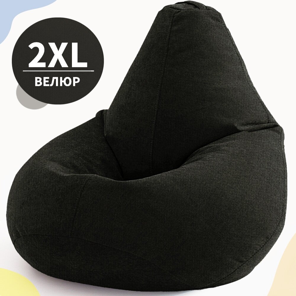 Кресло-мешок Груша, MyPuff, размер XХL-Миди, мебельный велюр, черный