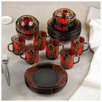 Набор столовой посуды из стекла "Русский узор", сервиз обеденный на 6 персон, 24 предмета