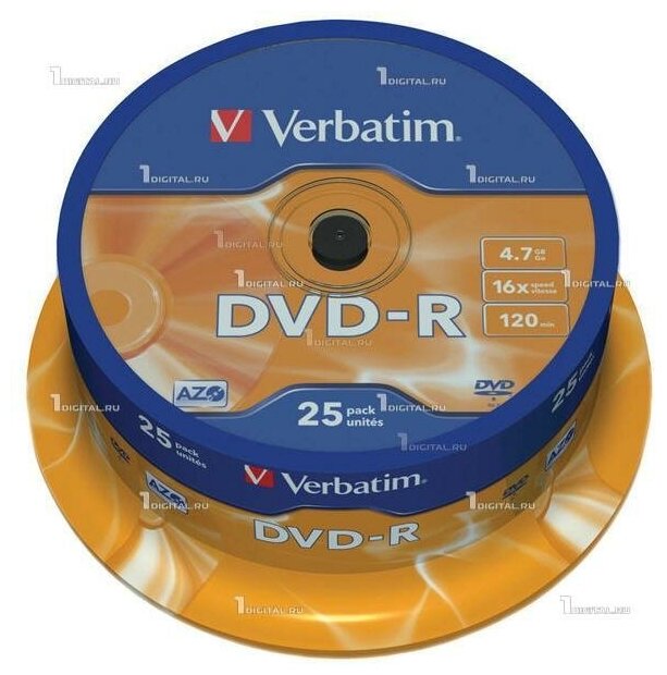 Диски Verbatim DVD-R Cake Box (25 шт.) 4.7Gb 16x покрытие AZO (43522)