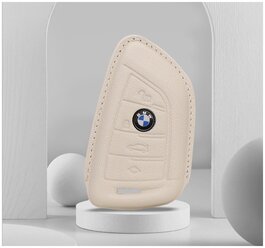 Чехол MyPads футляр для автомобильного ключа BMW 5 3 7 серии с логотипом подходит для крышки ключа автомобиля БМВ с 4 кнопками из натуральной кожи цвет слоновая кость (белый, бежевый) футляр для ключа новой Х5 Х6