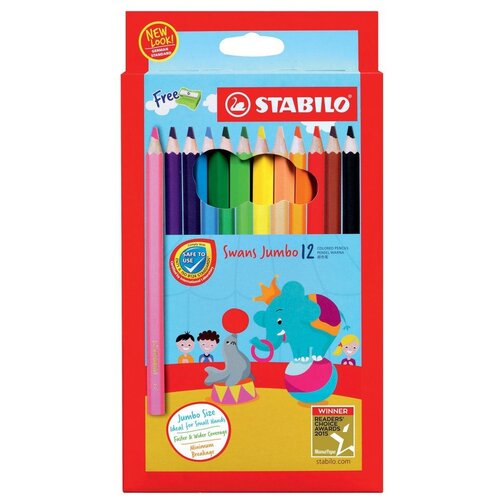 Цветные карандаши + точилка STABILO Swans Jumbo, 12 цветов