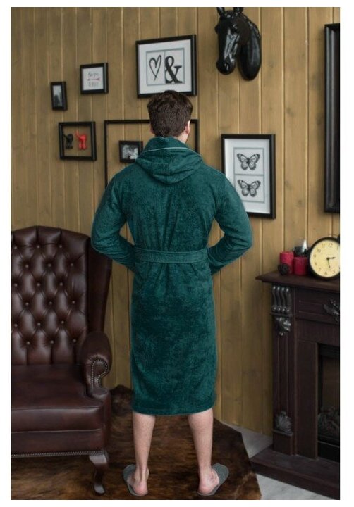 Халат махровый Everliness мужской капюшон+кант, цвет зеленый, разм.48 - фотография № 9