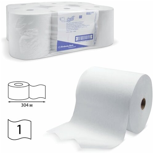 Полотенца бумажные рулонные KIMBERLY-CLARK Scott, комплект 6 шт., 304 м, белые, диспенсер 601536, 6667