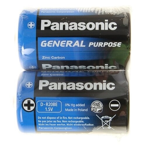 Батарейка солевая Panasonic General Purpose, D, R20-2S, 1.5В, спайка, 2 шт. panasonic батарейка солевая panasonic general purpose c r14 2s 1 5в спайка 2 шт