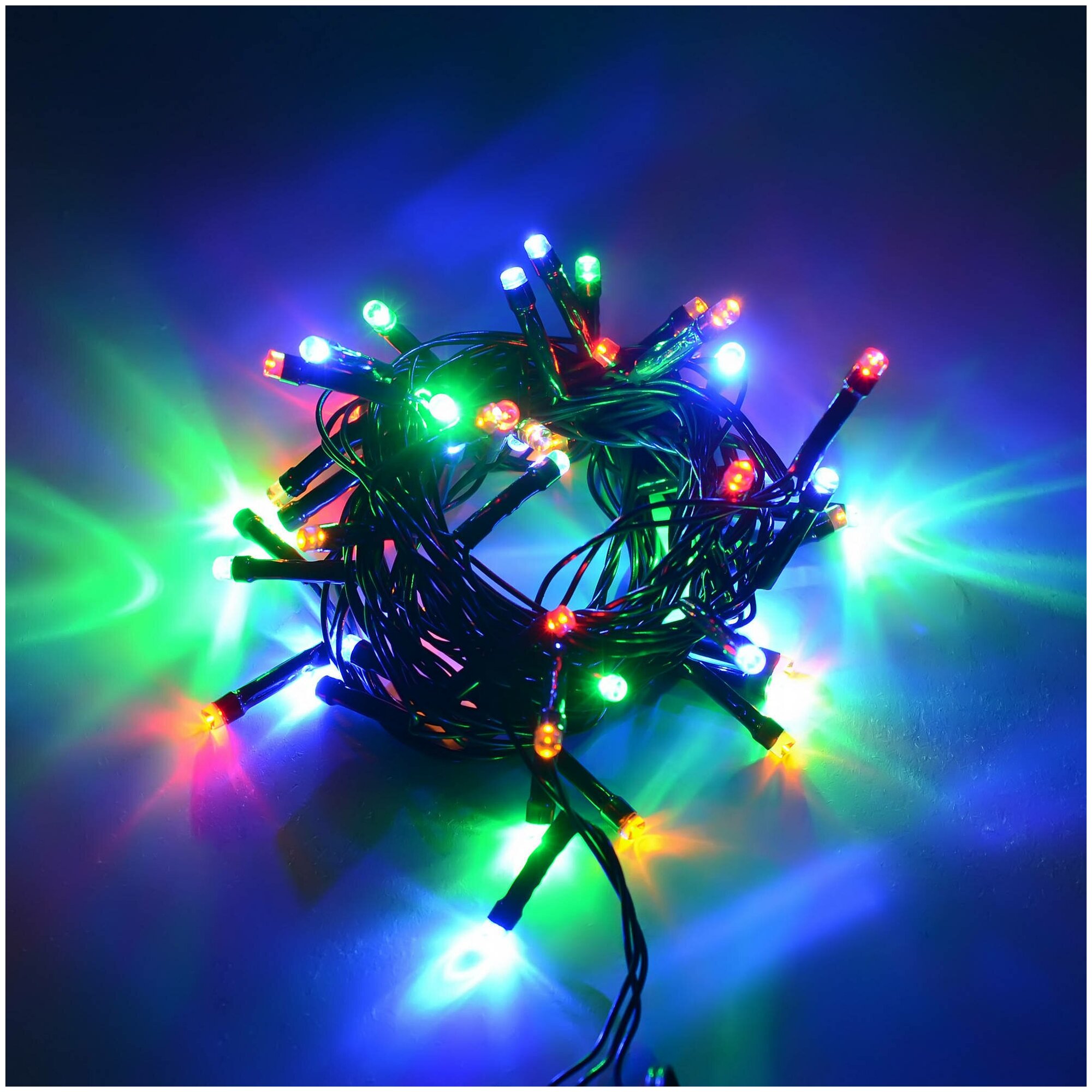 фото Электрическая гирлянда светодиодная Apeyron 15-26, 3,5 метра, 50 микроламп, разноцветное свечение. 8 режимов, зеленый шнур, IP20.