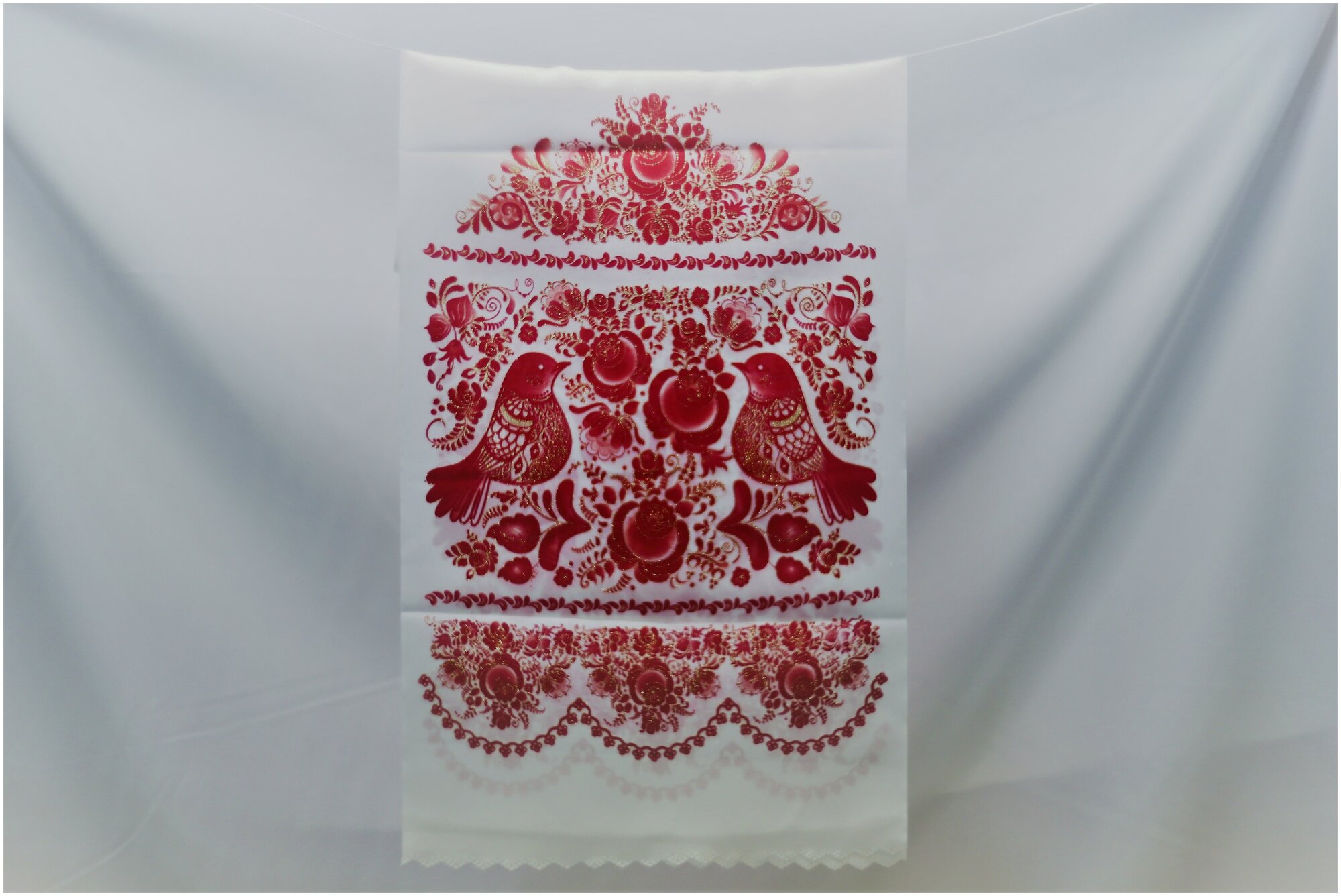 Рушник свадебный под икону или каравай «Птички узорчатые» (красный) 36*150 см