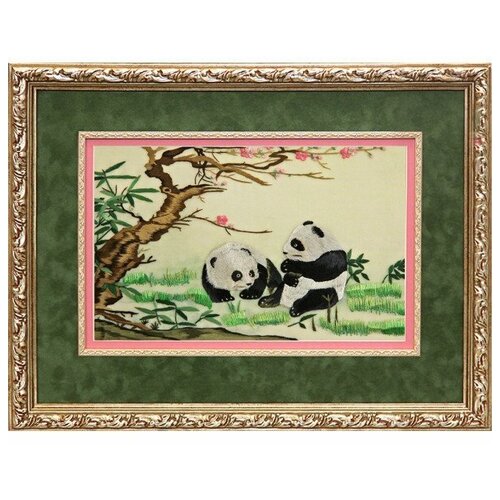 Картина вышитая шелком Двусторонняя вышивка Молодые панды ручной работы /см 44х36х3/багет+паспарту