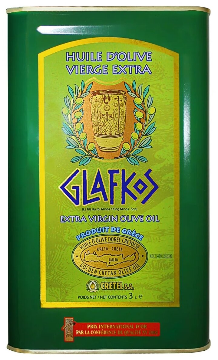 Оливковое масло первого холодного отжима высшего качества Glafkos Extra Virgin кислотность 0,1-0,8 %, ж/б, 3 литра, Греция