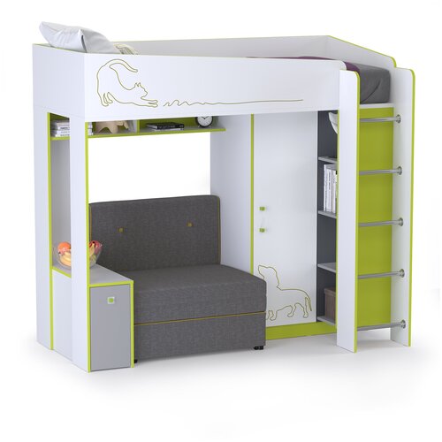 фото Кровать-чердак с диванным блоком альфа цвет лайм зелёный/белый премиум/стальной серый бит и байт
