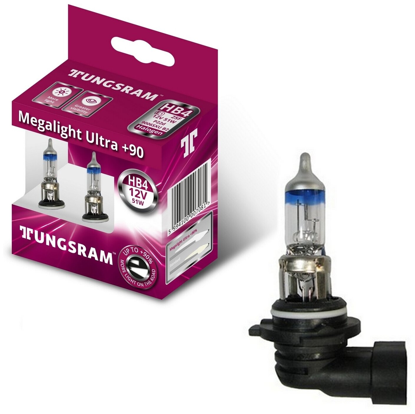 Лампы TUNGSRAM "Megalight Ultra +90" HB4 +90% 12V 51W P22d 3200K комплект 2 шт.