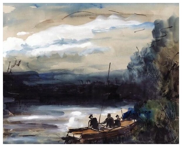 Репродукция на холсте Пейзаж с рекой и рыбаками (Landscape with River and Fishermen) Вламинк Морис 62см. x 50см.