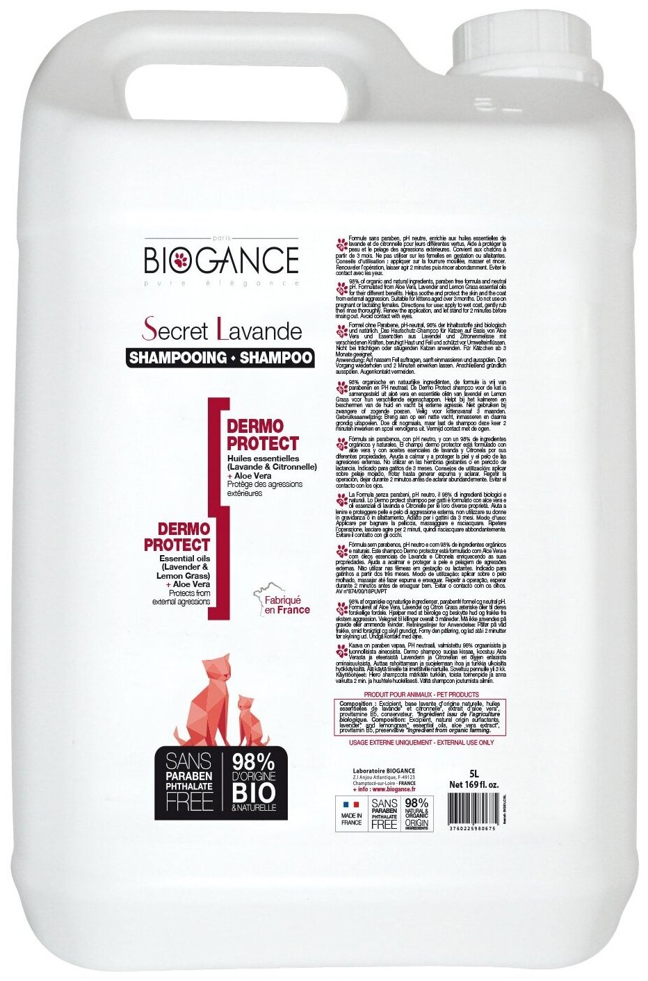 Натуральный био-шампунь Biogance Secret Lavender для кошек для бережной защиты кожи от неблагоприятных воздействий окружающей среды - 5 л