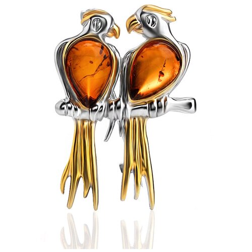 Amberholl Очаровательная позолоченная брошь, украшенная натуральным янтарём «Попугайчики»