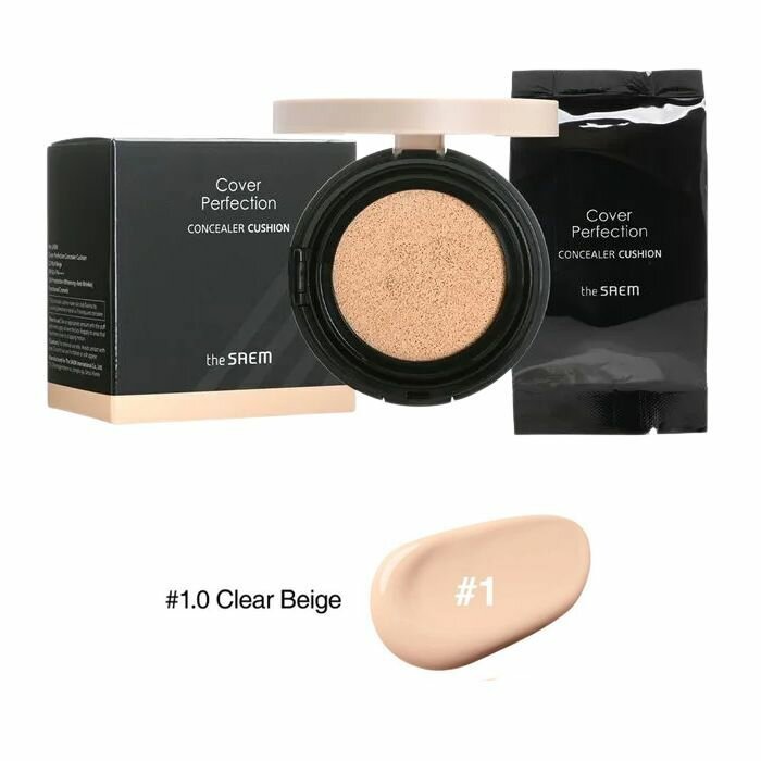 The Saem Консилер-кушон со сменным блоком 12+12 г Cover Perfection Concealer Cushion Set SPF50, оттенок 1.0 Clear Beige