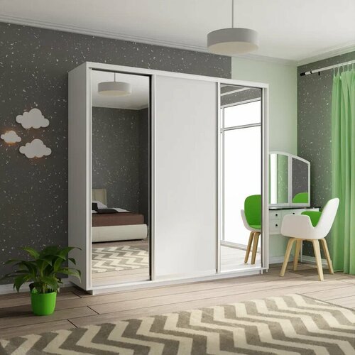 Шкаф-купе,240x60x220,(ШxГxВ), Экспресс, 3дверный, ДСП, Белый снег, Зеркало/ДСП/Зеркало