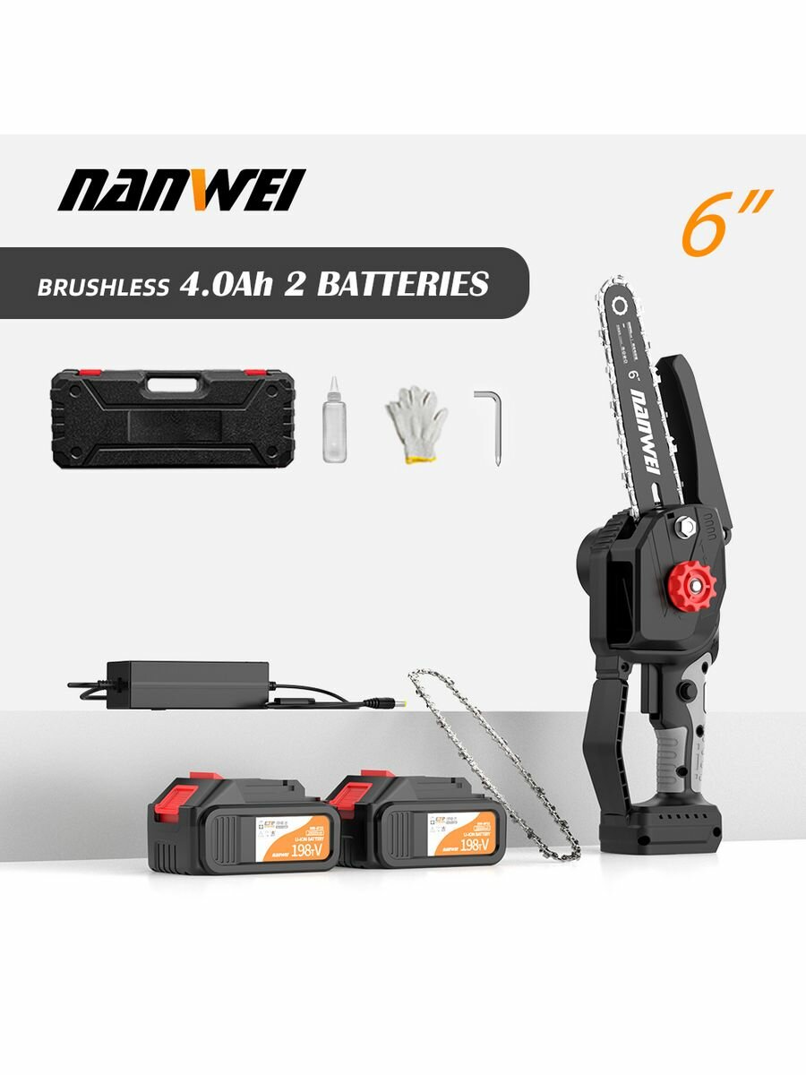 фото NANWEI 6" пила аккумуляторная цепная 21В беспроводной бензопила 5800r/min бесщёточный двигатель