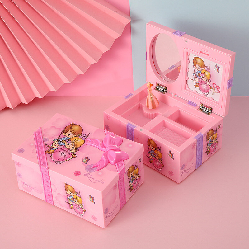фото Шкатулка для украшений, шкатулка для украшений для девочки, шкатулка для обручальных колец, музыкальная шкатулка плешоп заводная, с зеркалом, розовый, 15,5х11х7 см