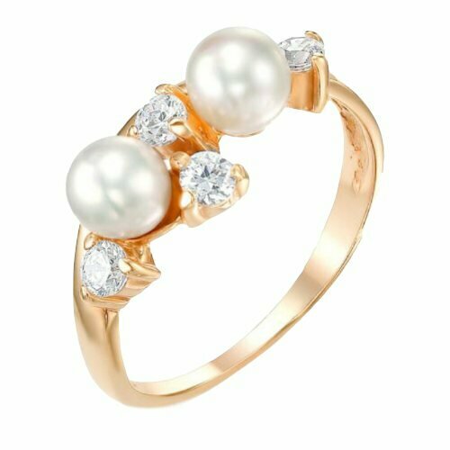 Кольцо DeFleur, красное золото, 585 проба, фианит, жемчуг, размер 16