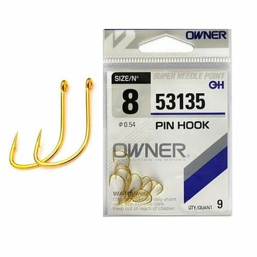 Крючки рыболовный OWNER PIN HOOK 53135 №8 9 шт. Овнер Крючок. Одинарные для рыбалки. Золотой.